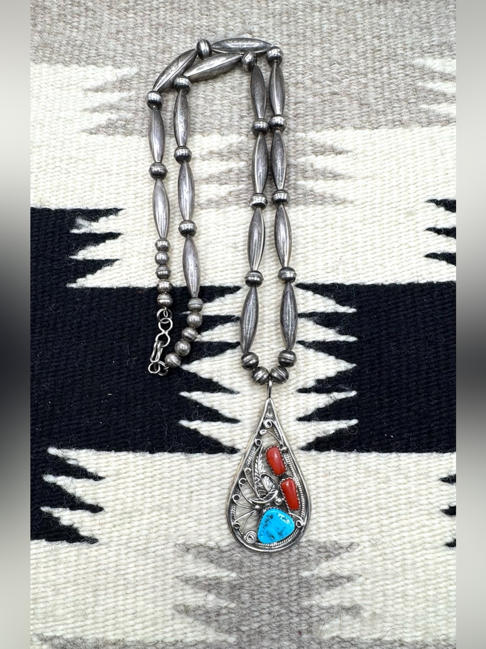 Navajo Native American Sterling Turquoise Coral Bench Bead Beaded Necklace